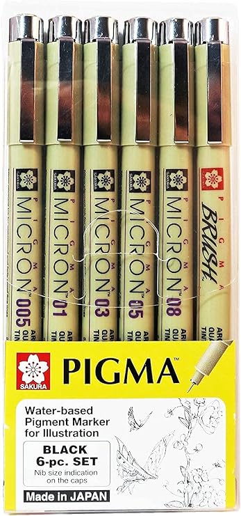 Sakura Pigma Micron Drawing Pen Set, Archival Ink Black fineliner Manga Pen, Assorted nibs Sizes fine Point (005, 01, 03, 05, 08, Brush tip) (Drawing Set)