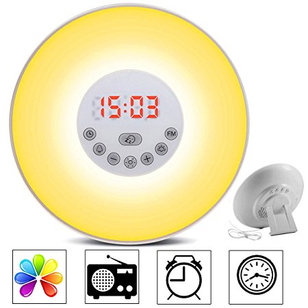 GRDE Wake Up Light Alarm Clock Colored Sunrise Simulation LED Bedside Lamp Night Light with FM Radio, Snooze and Touch Control