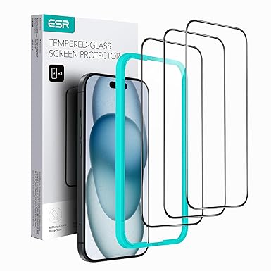ESR 3 Pack for iPhone 15 Screen Protector, 3 Tempered Glass Screen Protector, 2.5D Curved Edges, Full-Coverage Military-Grade Protection, Scratch Resistant