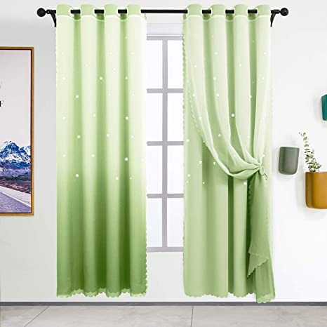 Hughapy Star Curtains Ombre Curtain for Kids Girls Bedroom - Tulle Overlay Star Cut Out Curtains Mix and Match Curtains for Living Room, Room Darkening Window Curtains, 1 Panel - (52W x 63L, Green)