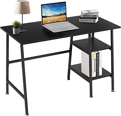 VECELO Writing Computer Study Desk with 2 Tier Storage Shelves on Left or Right,Industrial Simple Style Wood Table Metal Frame for Home Office, 43 in x 20 in x 30 in, Black