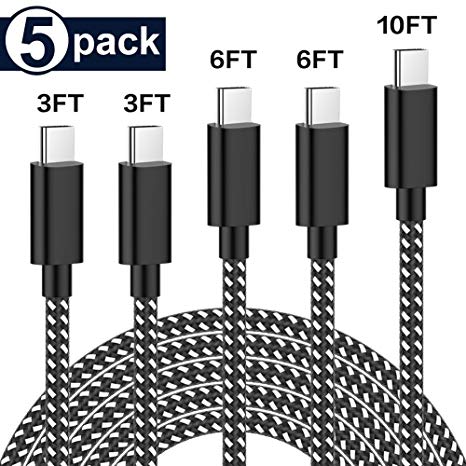 USB C Cable 5Pack (3-3-6-6-10 ft) Nylon Braided Type C Cable Charger USB Type C Cable Fast Charging Cord for Samsung Galaxy Note 8 S8 Plus, LG G5 G6 V30, HTC 10, Nexus 5X/6P