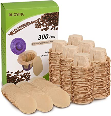 Eco-Sopure Unbleached K cup Coffee Paper Filters with Lid Disposable for Keurig Reusable K Cup Filters, Disposable Keurig Filters Unbleached, Fits All Keurig Single Serve Filter Brands (300 pack)