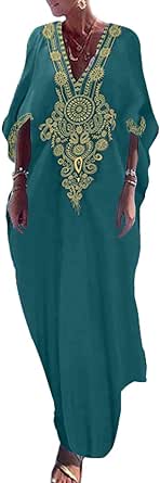 Bsubseach Gold Embroidery Long Kaftan Dresses V Neck Caftan Dress Beach Cover Ups for Women Embroidery