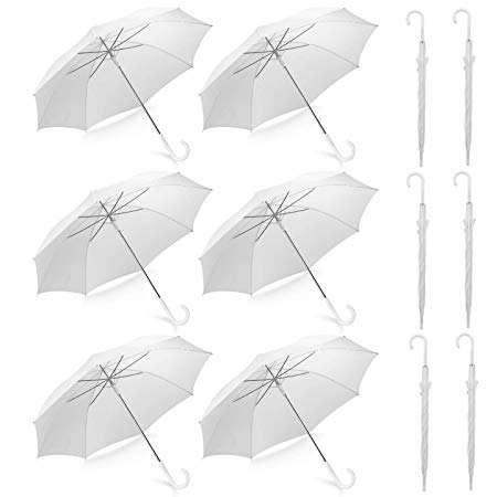 Pack of 12 Wedding Style Stick Umbrellas Large Canopy Windproof Auto Open J Hook Handle in Bulk (Pearl White)