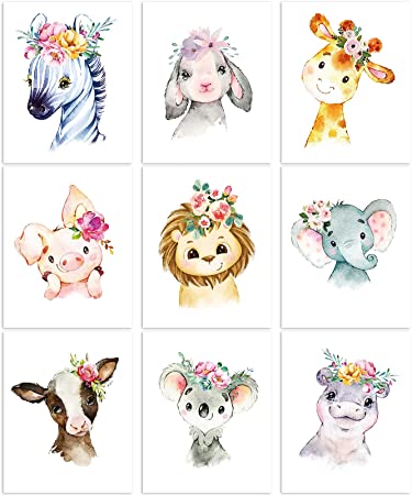 9 Pieces Animal Nursery Wall Art Animal Wall Decoration Nursery Jungle Animal Wall Art Prints for Baby Girl Boy Room Nursery Decor Baby Shower Home Decoration 8 x 10 inch (Unframed)