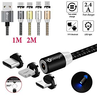 UGI 3 in 1 Magnetic Cable Micro USB Type C Lightning [6.6FT/2.4A] Fast Charging Android USB C Cord for Apple iPhone X 8 7 8 Plus 6 6s 5 se 5s Huawei Samsung Galaxy S4 S5 S6 S7 S8 S9 Plus Edge (Black)