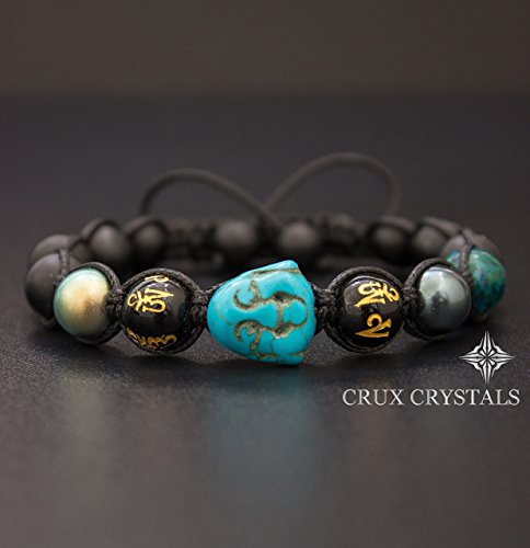 Blue Smiling Buddha, Unisex Shamballa Bracelet Men's Beaded Bracelet, Swarovski Elements Black Onyx, Blue Turquoise, Mala, Mantra, Yoga Bracelet Crux Crystals