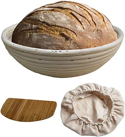Round Banneton Bread Proofing Baskets | Artisan Wicker Cane Brotform for Batard Sourdough with Dough Scraper and Liner by Made Terra Baking Tools (8" Round)