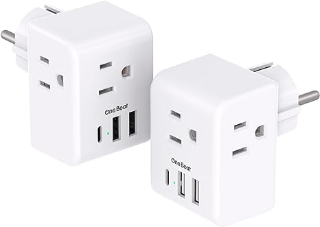 2 Pack Germany France Travel Plug Adapter with 3 Outlets 3 USB Charging Ports(1 USB C), Type E/F International Power Adapter, Travel Essentials US to Europe France Germany South Korea Netherlands