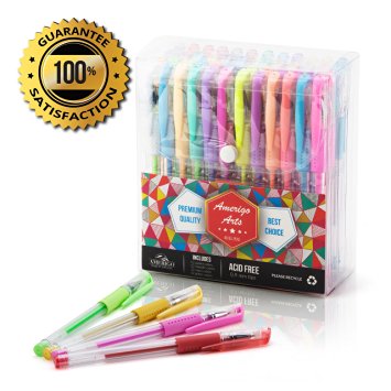 Premium Gel Pens for Adult Coloring Books by Amerigo - Set of 48 Assorted Colors Includes Glitter, Metallic, Pastel, Neon Gel Pens (Black included) - Express Yourself   GRIP for Your COMFORT!