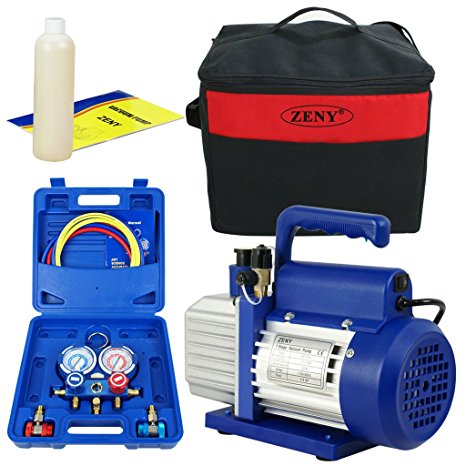 Zeny Combo A/C Diagnostic Manifold Gauge Set R134a, 1/4HP 3.5CFM Vacuum Pump w/Carry Bag