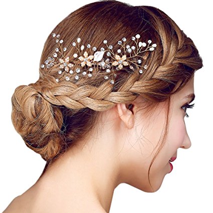 FAYBOX Vintage Gold Twig Crystal Pearl Side Combs Bridal Headpiece Wedding Accessories B