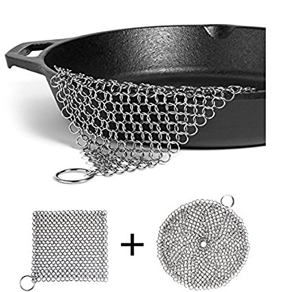 LOOCH Cast Iron Cleaner 2 Pack- 8"x6" and 7”x7” More Efficient Stainless Steel Chainmail Scrubber for Cast Iron Pan Pre-Seasoned Pan Dutch Ovens Waffle Iron Pans Scraper Cast Iron Grill Scraper Skill