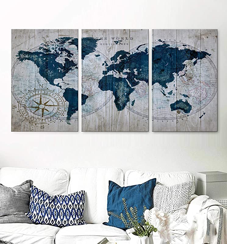 Original by BoxColors LARGE 30"x 60" 3 panels 30x20 Ea Art Canvas Print old Map World blue beige Travel Wall home living room decor (framed 1.5" depth) M1953
