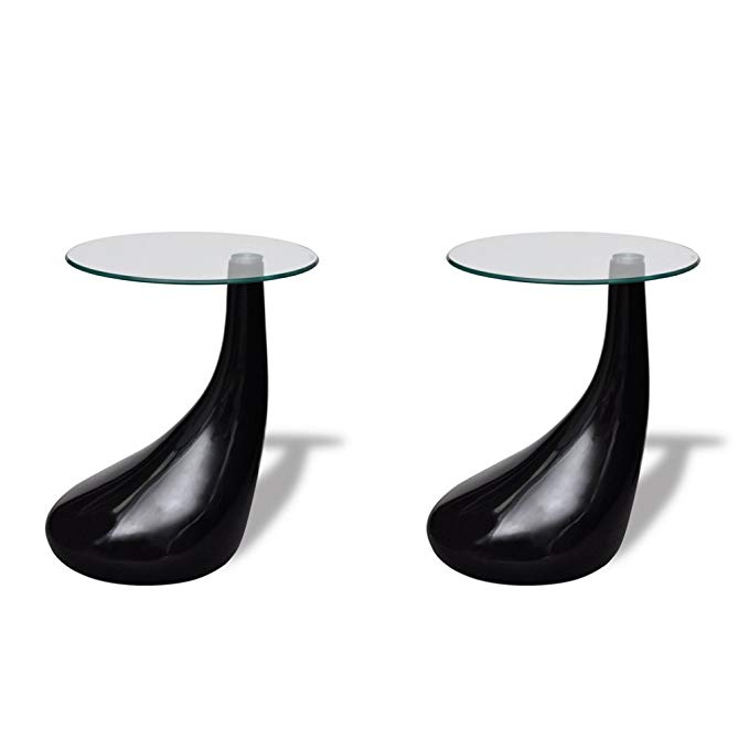 vidaXL 2pc Modern High Gloss Glass Top Drop Coffee Table Black Side Dinner Office Home
