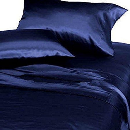 Soft Silky Satin Solid Navy Blue 4pc Deep Pocket Sheet Set for Queen Bed