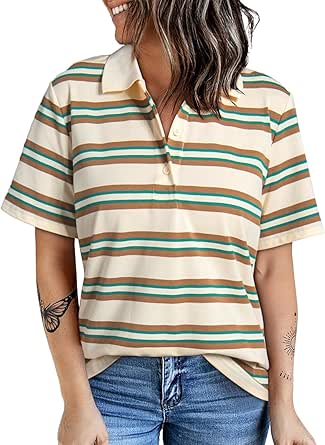 Dokotoo Womens Summer Tops Trendy V Neck Short Sleeve Polo Shirts Casual Striped Blouses Tops