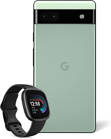 Google Pixel 6a – Unlocked Android 5G Smartphone with 12 megapixel camera and 24-hour battery – Sage   Fitbit Versa 4 Fitness Smartwatch, compatible with Android and iOS