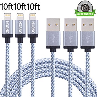 ONSON iPhone Cable,3Pack 10FT Nylon Braided Lightning Cable USB Cord Charging Cable for iPhone 7/7 Plus,6/6S/6 Plus/6S Plus,5/5S/5C/SE,iPad,iPod Nano 7,iPod Touch (Gray White)