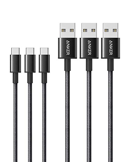 USB Type C Cable, Anker [3-Pack, 6 ft] Premium Nylon USB-C to USB-A Fast Charging Type C Cable, for Samsung Galaxy S10 / S9 / S8 / Note 8, LG V20 / G5 / G6 and More (Black)