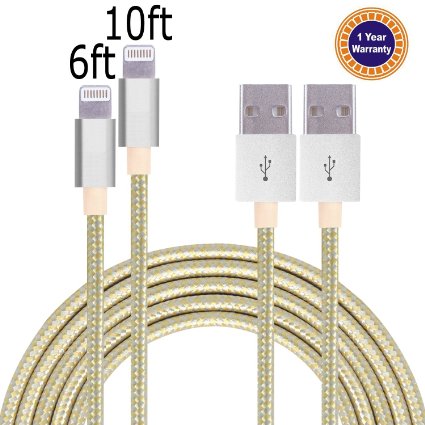 Jricoo 1pcs 6FT 1pcs 10FT Lightning Cable Popular Nylon Braided Charging Cord Extra Long USB Cable for iphone 6s 6s plus 6plus 65s 5c 5iPad Mini AiriPad5iPod on iOS9silvergold