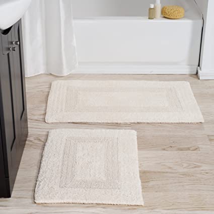 Lavish Home Cotton Bath Mat Set- 2 Piece - Reversible, Soft, Absorbent and Machine Washable Bathroom Rugs (Ivory)