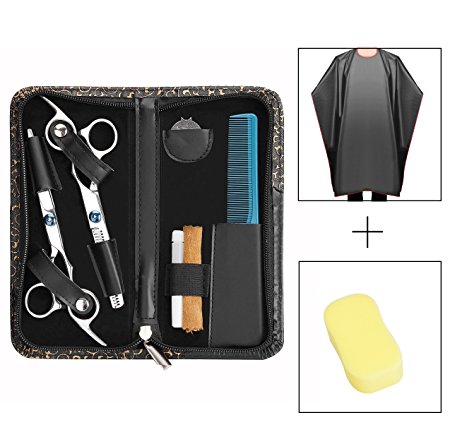 Hairdressing Scissors Set, PLUSINNO Professional Hairdressing Scissors 5.5 inch   Comb   Barbers Cape   Barber Neck Brush   Case   Rug