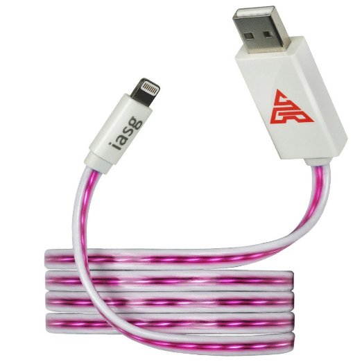 [MFi Certificated] iasg Flat visible LED Pink Color Lighted up charging Lightning to USB cable for Apple iPhone 5 5s 6 6s plus iPhoneSE iPad Air 2 ipad mini 2 iPod touch 1m/3ft (Pink Purple Light)
