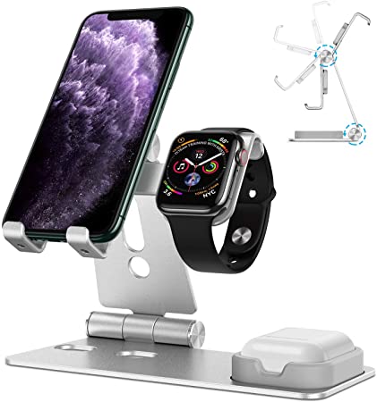 OMOTON Stand for Apple Watch - Cell Phone Stand for Airpods, [Updated Dock Version] Adjustable Charging Stand for Airpods 1/2, Apple Watch 5/4/3/2/1 and 11/11 Pro/11 Pro Max/XR/Xs/Xs Max (Silver)