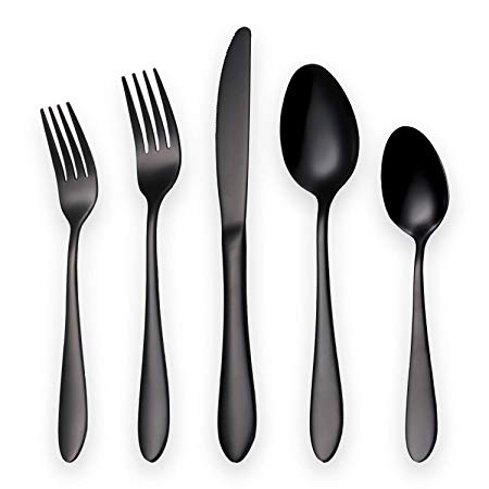 HOMQUEN Titanium Black Plated Stainless Steel Flatware Set 20 Piece, Black Flatware Set, Black Silverware Set Service for 4 (Shiny Black)