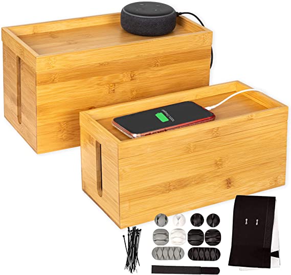 Bamboo Cable Management Box, 2 Pack - Cord Organizer and Hider for Wires, Power Strips, Surge Protectors & More - Includes Cable Sleeve, Hook and Loop Keepers, Zip Ties & Clips