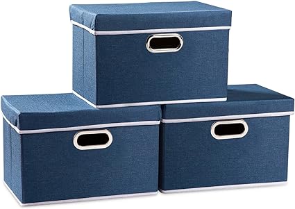 PRANDOM Collapsible Storage Bin with Lid [3-Pack] Fabric Foldable Storage Box Organizer Container Basket Cube with Cover for Home Bedroom Closet Office Nursery Royal Blue(14.9x9.8x9.8")