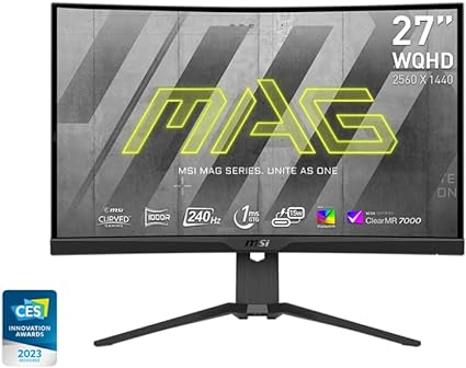 MSI MAG275CQRXF, 27" Rapid VA Gaming Monitor, 2560 x 1440 (QHD) Curved Gaming Monitor, 1 ms, 240Hz, FreeSync, HDR400, 1000R, HDMI, DisplayPort, Tilt and Height Adjustable.