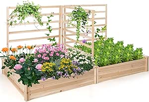 Giantex Raised Garden Bed with 3 Trellises, 88"L x 45"W x 43"H, Set of 2 Wood Planter Box for Vegetables Flowers Herbs Fruits Climbing Plants Cucumber, Easy Assembly, Outdoor Rectangular Raised Beds