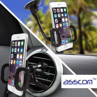 Asscom 028-061 Universal 2-in-1 Mobile Phone Car Mount Holder for iphone 6 6plus 5 5s 5c 4 4s Android Samsung Galaxy S5 S4 S3 Note 2 3 4 and all smartphone - Black