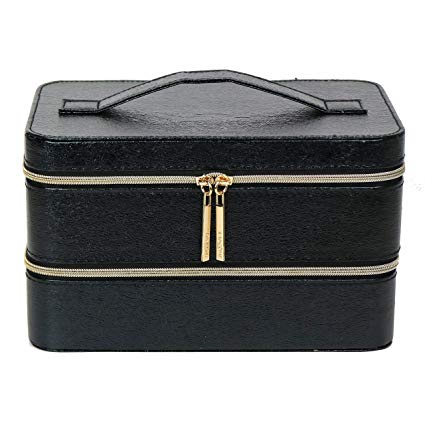 Lancome Two Layers Cosmetic Synthetic Leather Train Case Box Organizer, Black in Semi Gloss Finish