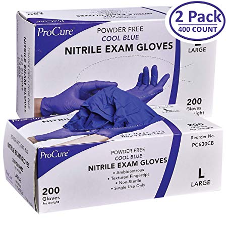 ProCure Disposable Nitrile Gloves – 2 Pack, Powder Free, Rubber Latex Free, Medical Exam Grade, Non Sterile, Ambidextrous - Soft with Textured Tips – Cool Blue (Large, 2 Pack, 400 Count)