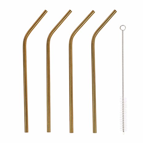 Geeklife Stainless Steel Bent Drinking Straws ,Set of 4 with 1 Free Cleaning Brush,Gold