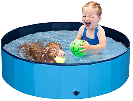 Large Dog Kid Swimming Pool - Foldable Pet Baby Kiddie Bathtub Pool Hard Plastic for Dogs Cats and Kids, Blue