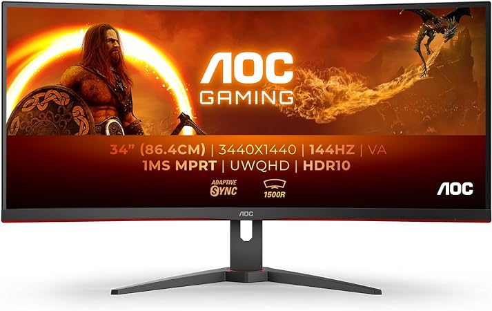 AOC Gaming CU34G2XE - 34 Inch WQHD Curved Monitor, VA, 144Hz, 1ms, HDR10, G-Menu, Low Input Lag, Speakers (3440 x 1440, 400 cd/m HDMI 2.0 / DP 1.4)