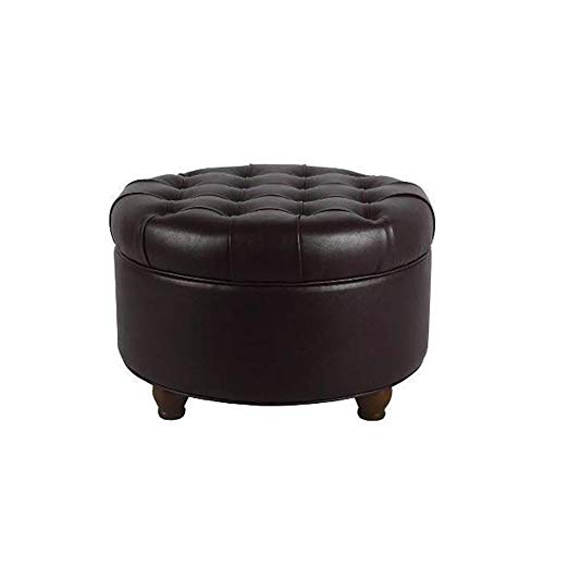 HomePop Large Button Tufted Round Storage Ottoman, Brown Faux Leather