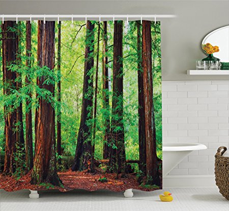 Woodsy Shower Curtain by Ambesonne, Redwood Trees Northwest Rain Forest Tropical Scenic Wild Nature Lush Branch Image, Polyester Fabric Bathroom Shower Curtain, 84 Inches Extra Long, Green Brown