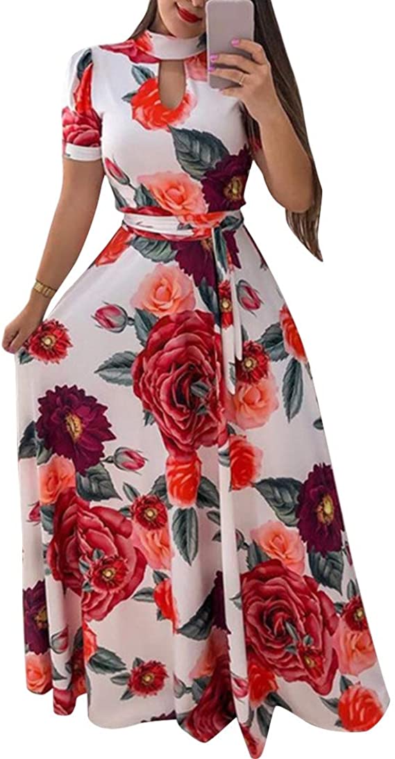 watersouprty Womens Floral Print Maxi Dress Bohemian Casual Pleated Long Dresses with Belt