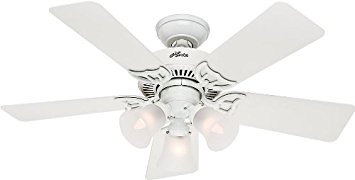 Hunter 51010 Southern Breeze 42-inch White Ceiling Fan with Five White/Bleached Oak Blades and Frosted Glass Light Kit