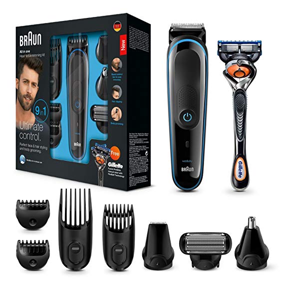 Braun Multi Grooming Kit MGK3085 9-in-1 Precision Trimmer for Beard and Hair Styling with Gillette Fusion Proglide Razor, Black/Blue