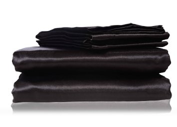 Honeymoon Satin 4PC Bedding Sheet Set, Wrinkle Free, Super Silky Soft Luxury Sheet & Pillowcase Sets - Full, Black