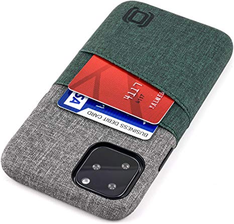 Dockem Luxe M2 Card Case for iPhone 11 Pro (5.8): Built-in Invisible Metal Plate, Designed for Magnetic Mounting: Slim Canvas Style Synthetic Leather Wallet Case (Green & Grey)