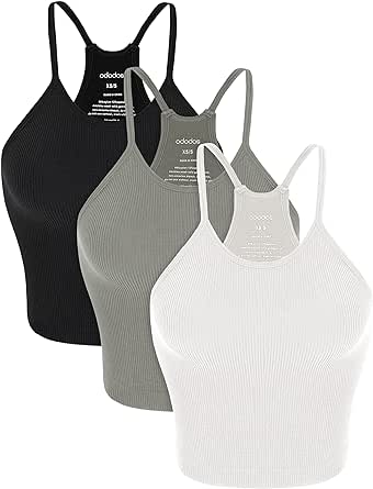 ODODOS Women's Crop 3-Pack Washed Seamless Rib-Knit Camisole Crop Tank Tops