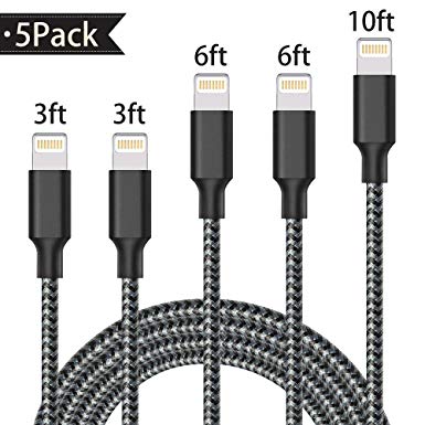 Compatible Charger Cable, XUZOU 5Packs 2x3FT 2x6FT 10FT to USB Syncing Data Nylon Braided Cord Charger Replacement Phone X/8 Plus/8/7/7 Plus/5/5s/5c/SE/6/6 Plus/6s/6s Plus-Black&White